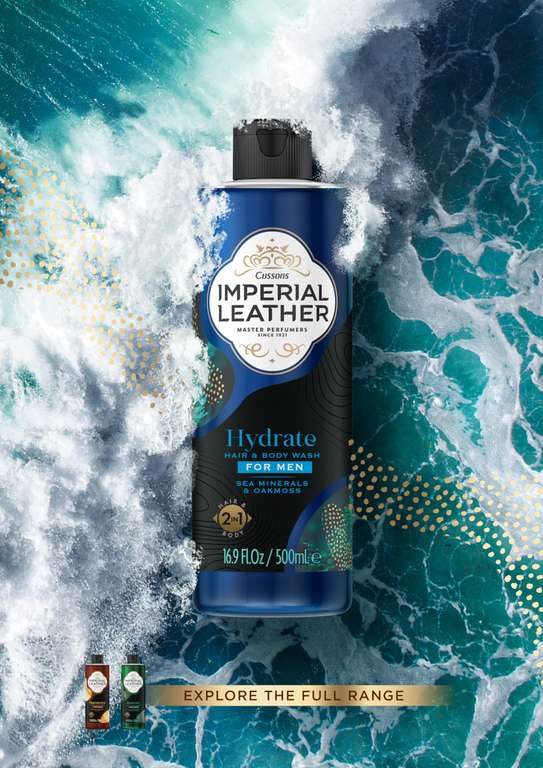 Imperial Leather hydrate mens Shower Gel 2in1 hair & Body Wash, Sea minerals & Oakmoss - Pack of 4 x 500ml (£5.78- £6.46 with S&S)