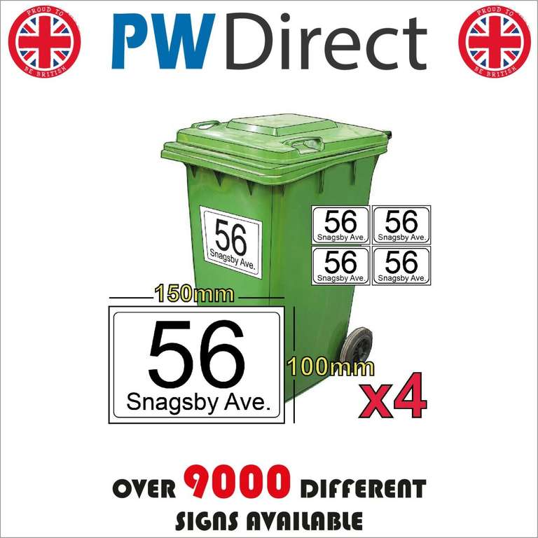 4x Wheelie Bin Vinyl Stickers Customised with Street Name & Number - A6 Size - Sold by PWDirect