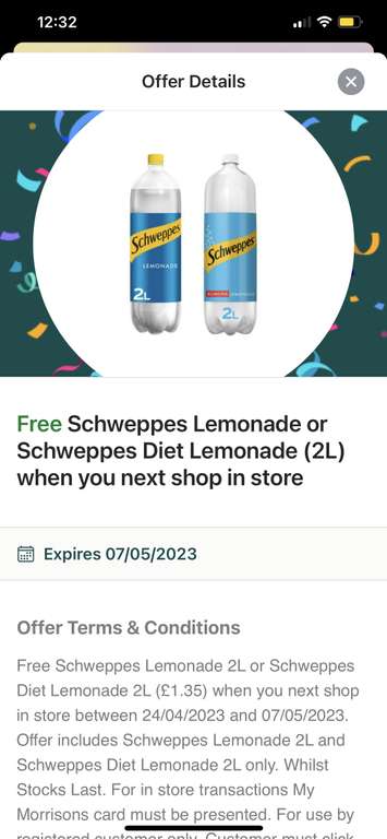 FREE Schweppes Lemonade or Schweppes Diet Lemonade 2L when you shop instore (select MyMorrisons members) @ Morrisons