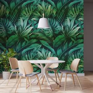 Tropical Leaves Green Wall Mural / Cranes Teal Wall Mural (Size Large 3m x 2.4m) + Free C&C (Stock at Selected Locations)