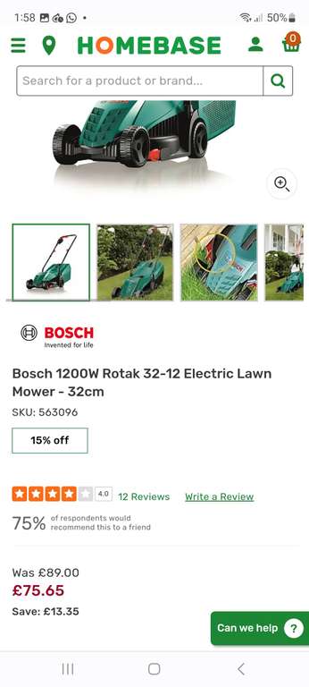 Bosch 1200W Rotak 32-12 Electric Lawn Mower - 32cm - £75.65 with click & collect @ Homebase