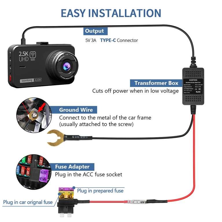 Upgraded Dash Cam Hardwire Kit, Type-C USB Hard Wire Kit 12V-24V to 5V 13ft W/vouchers (Prime price select accounts) sold by ssontong FBA