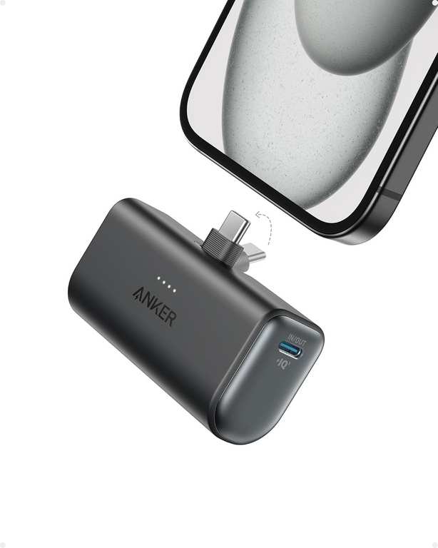 Anker Nano Power Bank w/ Built-In Foldable USB-C Connector, 5,000mAh 22.5W, Black / White - by AnkerDirect UK (Prime Exclusive)