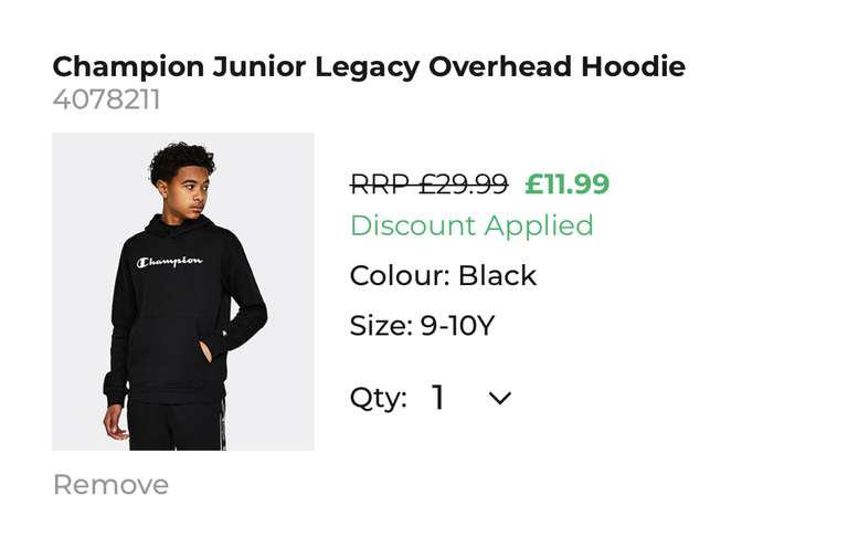 Champion Junior Legacy Overhead Hoodie Black £11.99 with code + free click & collect @ Footasylum