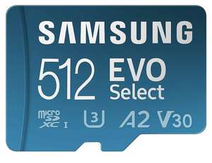 Samsung EVO Select 512GB microSDXC UHS-I U3 130MB/s Full HD & 4K UHD Memory Card inc. SD-Adapter (MB-ME512KA/EU), Blue
