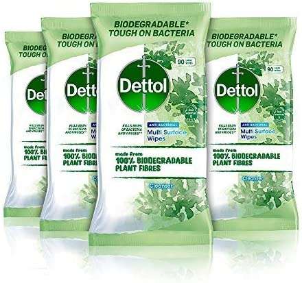 Dettol Wipes Biodegradable Antibacterial Multi Surface Cleaning, 4 Packs of 90 (Packaging May Vary) - £3.99 sold by Pennguin FB Amazon