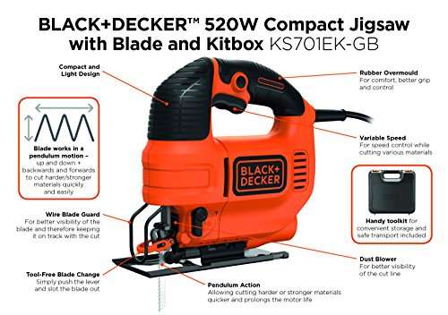 BLACK+DECKER 520 W Compact Jigsaw Power Tool with Blade and Kitbox, KS701EK-GB - £34.99 @ Amazon