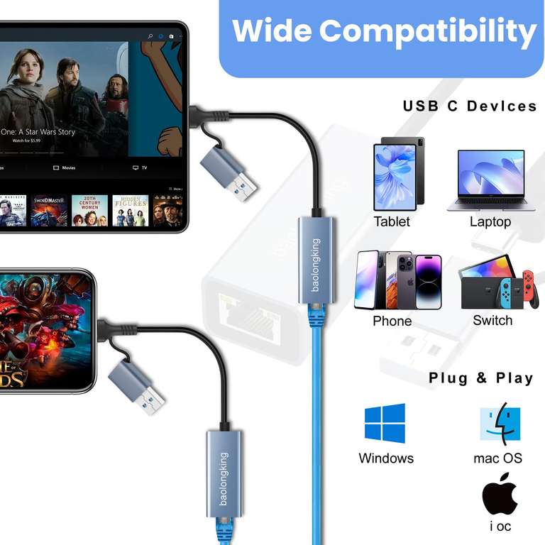 USB 3.0 to Ethernet Adapter with USB C to RJ45 Gigabit LAN 1000 Mbps Wired Network - Sold by baolongking FBA