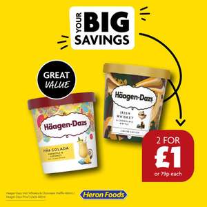460ml tubs of Haagen Dazs Pina Colada/Irish Whiskey & Chocolate Waffle Ice Cream-2 for £1 at Heron Foods Selected Stores Only.