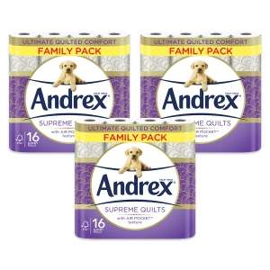 Andrex Supreme Quilted 3-Ply Toilet Tissue, 6 x 16 Pack (96 rolls @ 0.45 per roll)