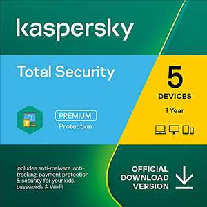 Kaspersky Total Security 2022 | 5 Devices | 1 Year | Antivirus, Secure VPN and Password Manager Included | PC/Mac/Android - £17.04 @ Amazon