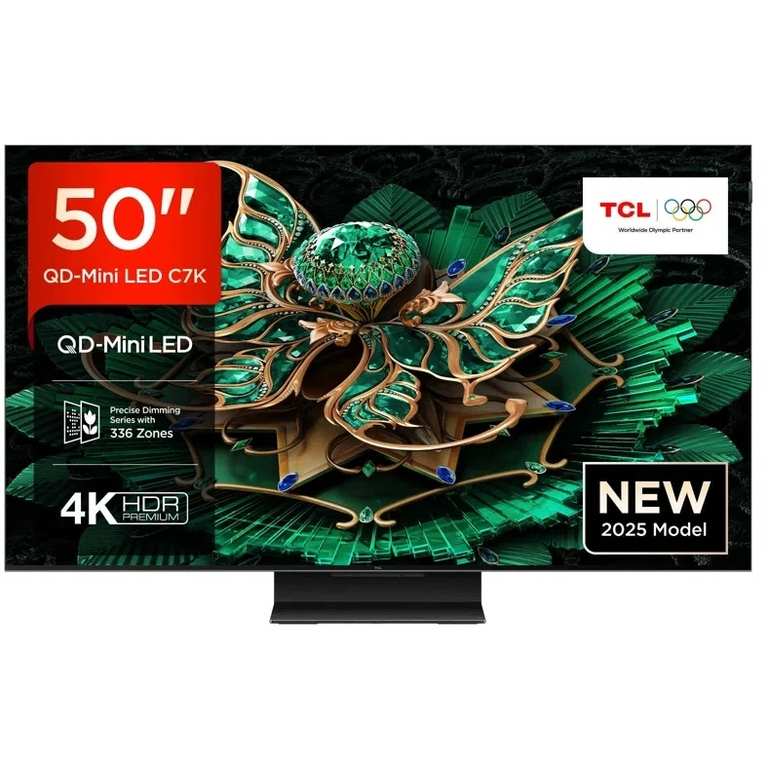 TCL 50C7K-UK 50" QD-Mini LED Smart Television, 4K Ultra HD, Black, F Rated