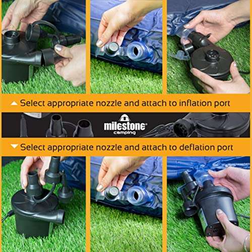 Milestone Camping 31009 AC240V/DC12 Portable Rechargeable Air Pump Inflator/Deflator for airbeds paddling pools & toys. 