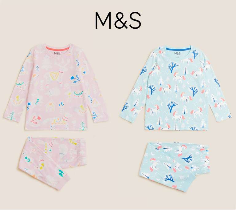 Kids Pure Cotton Pyjama Sets - Unicorns / Dinosaurs / Woodland Print now £5.00 + Free Click & Collect @ Marks & Spencer