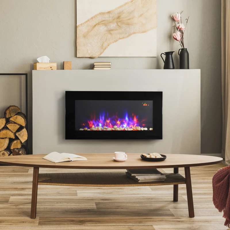 HOMCOM 2000W Wall Mounted Tempered Large LED Flat Glass Electric Fireplace  Heater Black - with code | hotukdeals