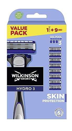 WILKINSON SWORD - Hydro 3 Skin Protection For Men | Hydrating Gel | Razor Handle + 9 Blade Refills