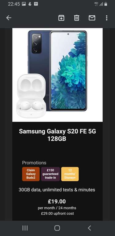 Samsung S20 FE 5G 128GB - 30GB Data Three - £19pm for 24 months + £29 upfront - £485 + Claim Galaxy Buds2 + Disney+ via Mobile Phones Direct