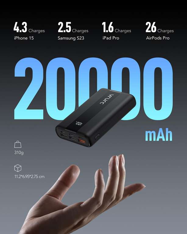 VRURC 20000mAh Mini Power Bank Quick Charge 3.0, 22.5W Fast Charge USB C With Voucher Sold By VRURC-UK FBA (Prime Exclusive)