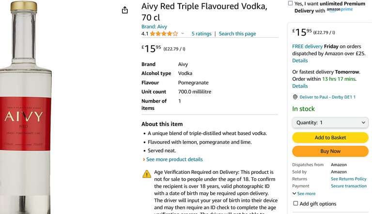 Aivy Red Triple Flavoured (Lemon, Pomegranate & Lime) Swedish Vodka, 70cl