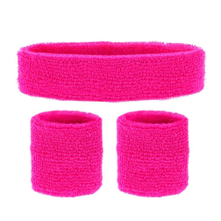 Neon Pink Sweatbands Set (Headband + 2 Wristbands)