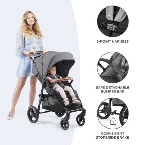 Kinderkraft GRANDE PLUS Stroller pushchair for toddlers from Birth to 22 kg, Extra-large hood, Lie-flat position, Gray