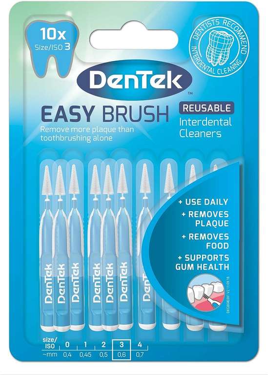 DenTek Easy Brush Interdental Brushes, ISO1/0.45mm OR ISO3/0.6mm 10 Pack (£2.65/£2.37 on Subscribe & Save)