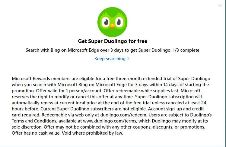 Free 3 months Super Duolingo via Microsoft Rewards
