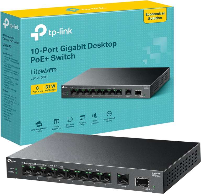 TP-Link 10-Port Gigabit Desktop Switch with 8-Port PoE+, 61 W PoE Budget, 30 W PoE output, Up to 250m PoE Transmission