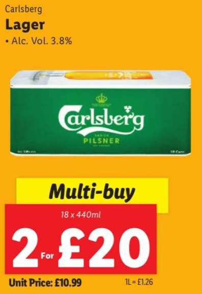 Carlsberg 18 x 440ml Packs - 2 for £20 @ Lidl N-I - hotukdeals