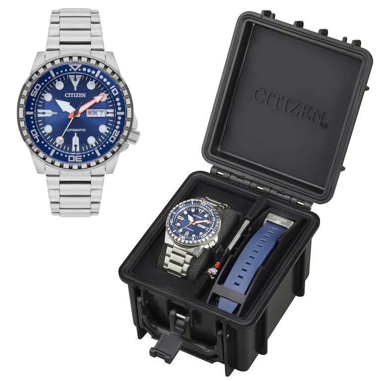Citizen Men's Automatic Sport Diver Style Watch Set - 48mm, 100M WR, Stainless Steel, Extra Blue Rubber Strap, 6 Yrs Guarantee - with code