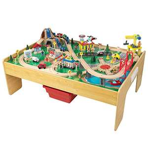 KidKraft Adventure Town Wooden Train Table With Storage Boxes, Train Track Set With Wooden Toy Cars, Crane, Helicopter