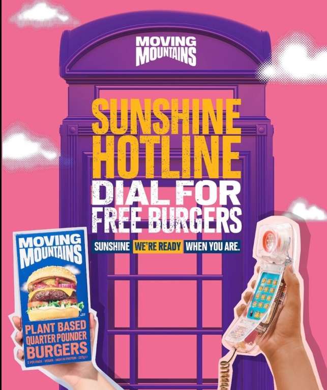 Dial Sunshine Hotline and get a plant-based No Chicken and No Beef burger voucher via Moving Mountains Foods