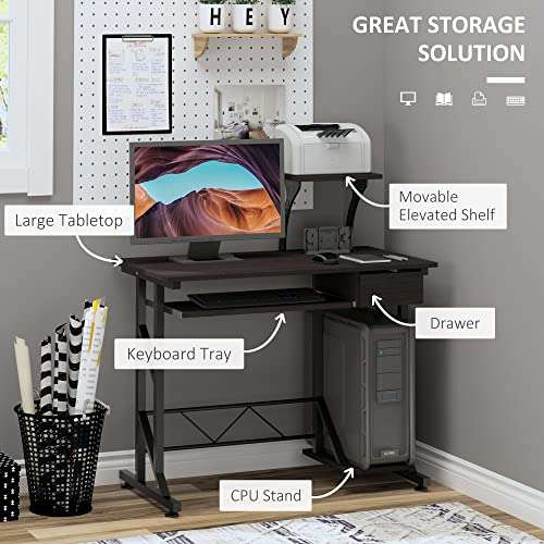 HOMCOM Computer Desk with Display Stand, Sliding Keyboard Tray Drawer and Shelf, Workstation Dark Brown / Sold + Fulfilled by MHSTAR