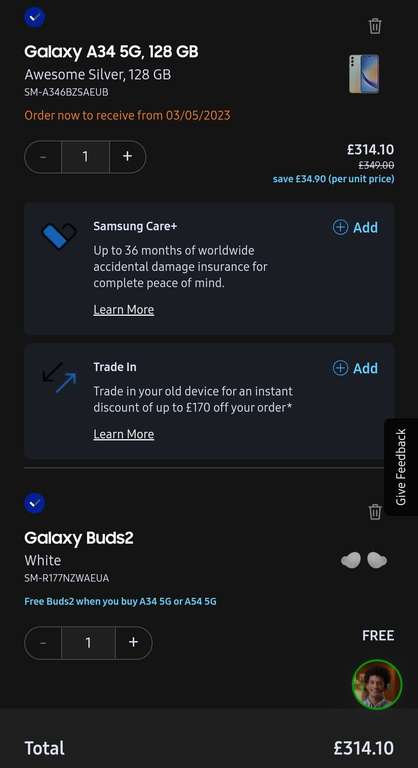 Samsung Galaxy A34 5g and Galaxy Buds2 £314.10 via Samsung EPP