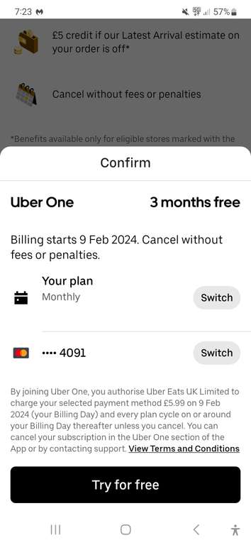 Uber One - 3 months free (Select Accounts)