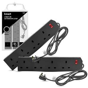 Heavy Duty Extension Lead, 4 Gang Way 2m Power Adapter, Multi Socket Mains Strip, 2 Pack £9.99 / 1 pack £5.89, Black/White
