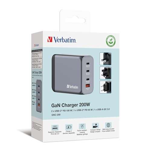 Verbatim GNC-200 200W GaN Charger with 2 x USB-C PD 100 W / 1 x USB-C PD 65 W / 1 x USB QC 3.0