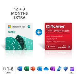 Microsoft 365 Family + McAfee Total Protection 2024 |15-Month Subscription | Up to 6 People|1TB OneDrive Cloud Storage|