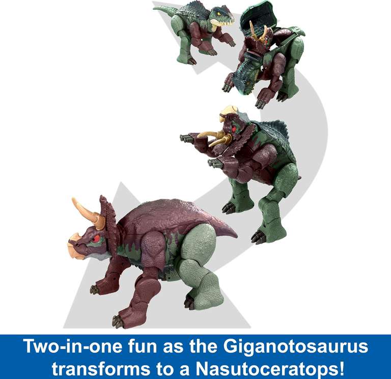 Mattel Jurassic World Transforming Dinosaur Toy, Giganotosaurus to Nasutoceratops, Massive Stretch Fierce Changers 16-Step 2 in 1 Figure