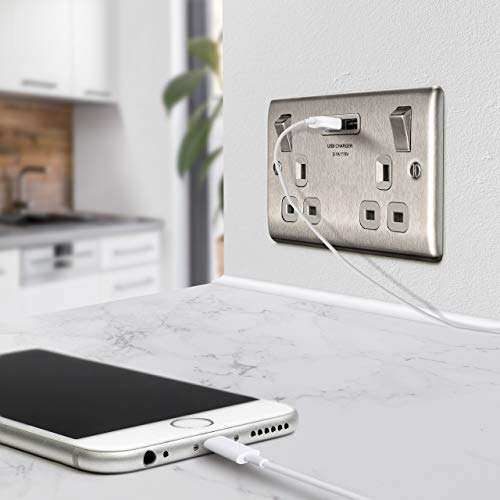 BG Electrical Double Switched Fast Charging Power Socket with Two USB Charging Ports, 13 A