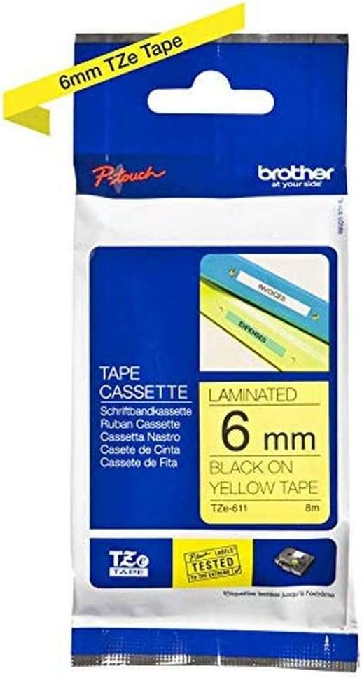 Brother TZe-611 6mm Black on Yellow £9 at Amazon | Hotukdeals