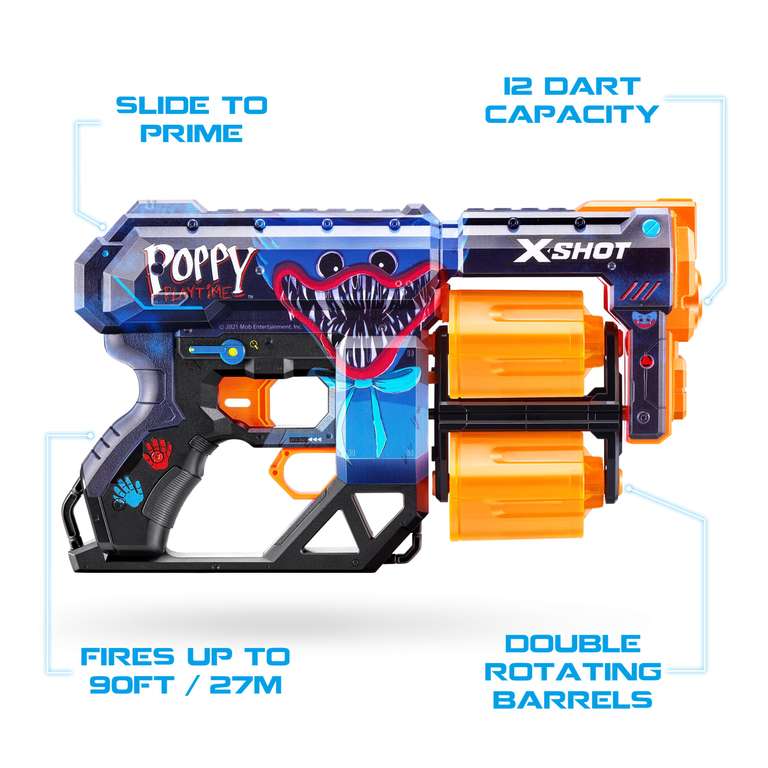 XSHOT Skins Dread, Poppy, 12 Darts Foam Blaster with DUAL ROTATING BARRELS. Jumpscare, Medium.