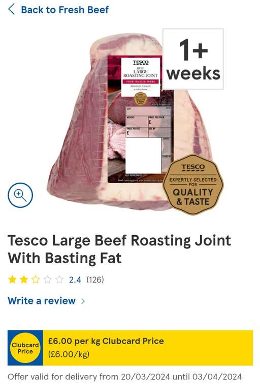 £6 per kg (Half Price) Tesco Large Beef Roasting Joint With Basting Fat Clubcard Price