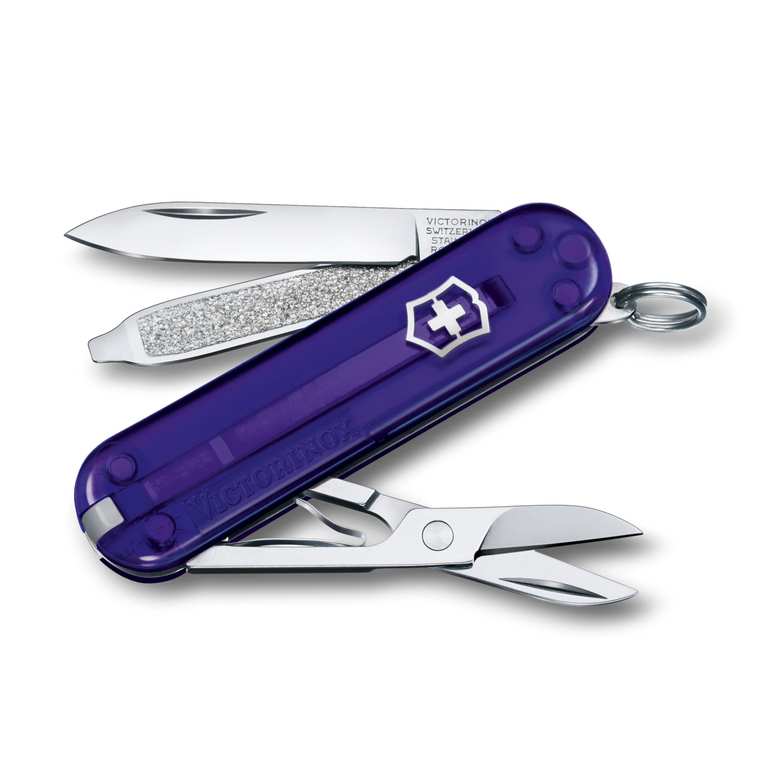 Victorinox Classic SD Mini Swiss Army Knife, Camping Pocket Knives, 7 Functions, Blade, Keyring, Purple Transparent