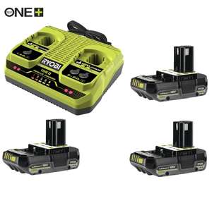 3 x Ryobi 18V ONE+ 2Ah Lithium+ Battery and Dual Port Charger