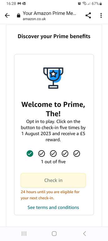 Check-in daily 5 times for a £5 off £10 spend voucher (Select Prime Members) @ Amazon