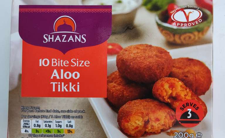 Shazans 10 Aloo Tikki Bites 200g 69p. @ Farmfoods Peterlee/Spennymoor
