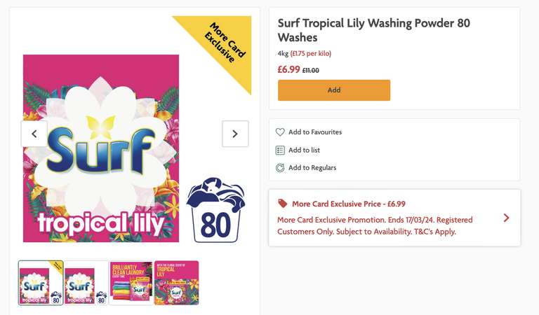 Surf Tropical Lily Washing Powder 80 Washes 4kg With More Card