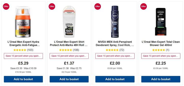 Save 15% When You Spend £20 On Selected Mens Products E.g. Dove Soap 90g 50p, L'Oreal Shower Gel 400ml £2.25- Online Only + Free C&C @ Boots