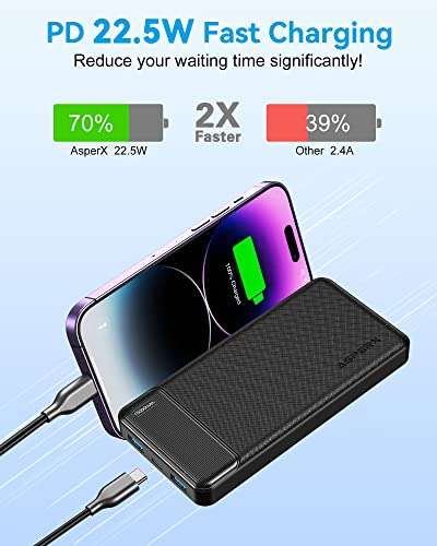 AsperX Portable Charger, PD 22.5W 15000mAh Power Bank Fast Charging, [Charge 3 Device at Once] USB C In & Out Battery Pack Phone Charger PB.